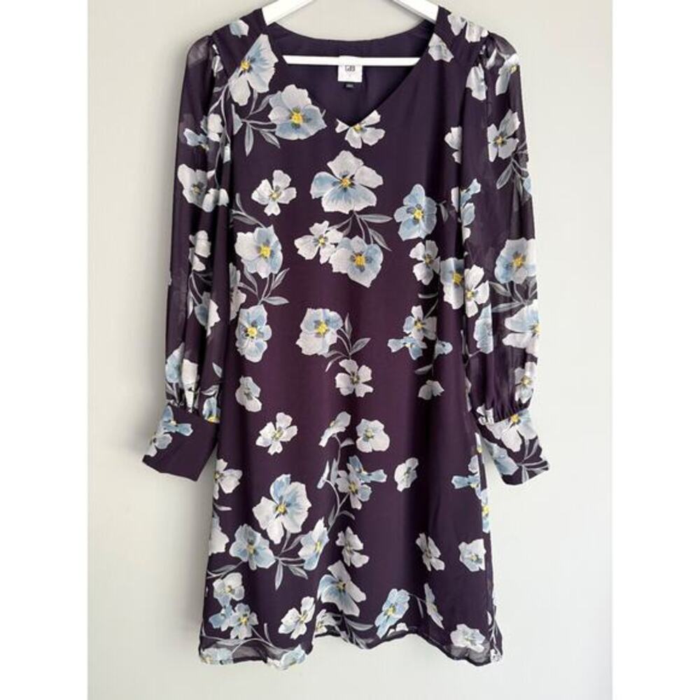 Cabi Floral Mini Dress S Purple Chiffon Long Sleeve V-Neck Lined Dark Academia